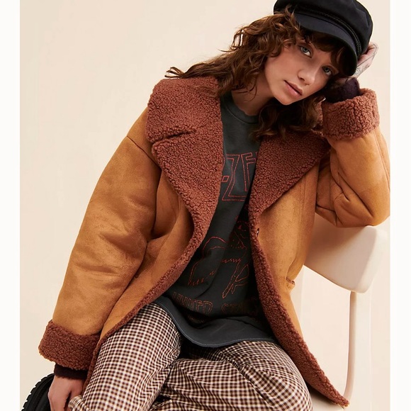 Free people Diogo oversized faux suede and sherpa coat in camel and brown. Small - Picture 8 of 9